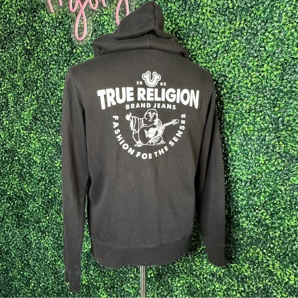 VTG Y2K True Religion Black Buddha Graphic Hoodie Sweatshirt Zip Up Sz L